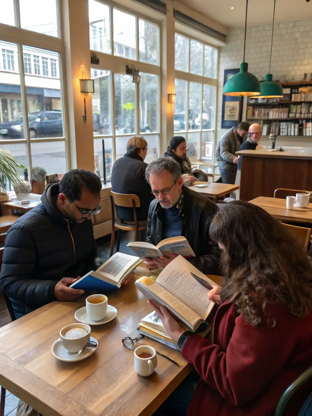 A photograph of adults engaged in a lively book club discussion at ESPRIT-LIVRE, surrounded by books and refreshments.