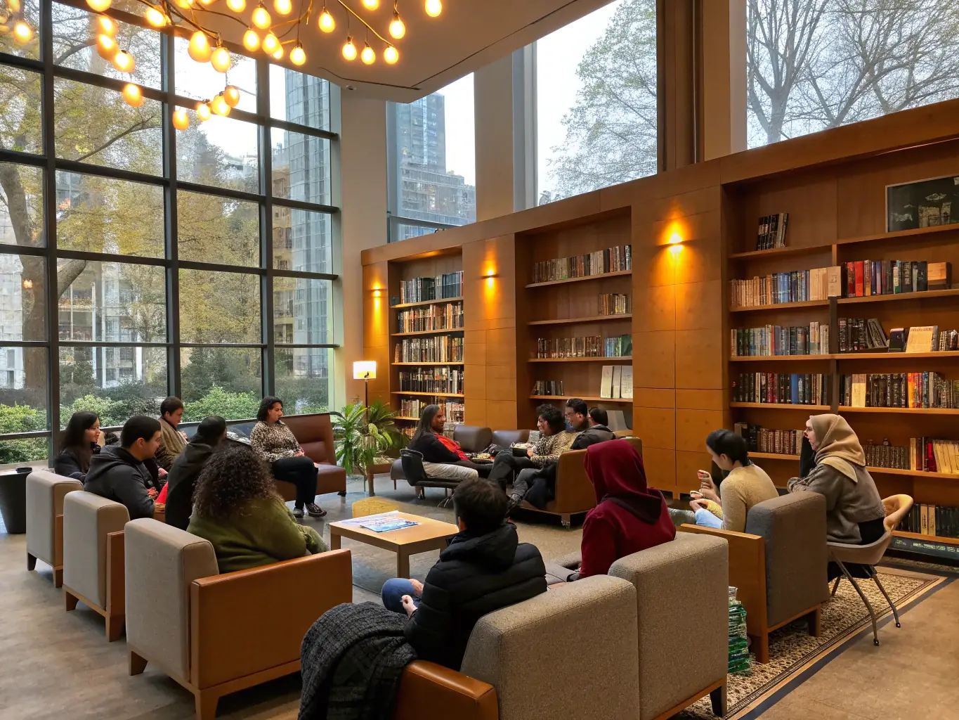 A vibrant photo of a reading group session at ESPRIT-LIVRE, with participants actively discussing a book.
