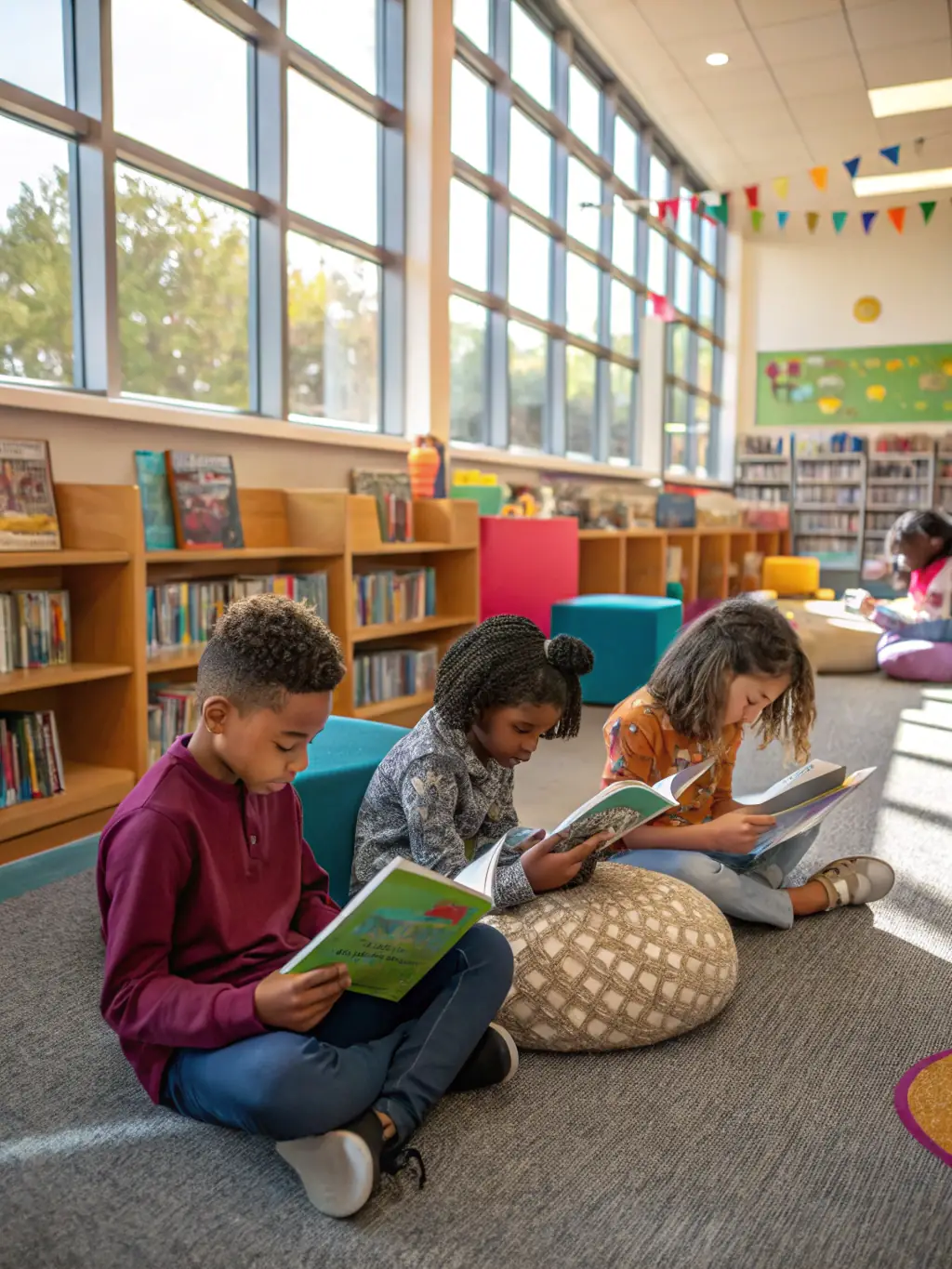 A group of children participating in a storytelling session at ESPRIT-LIVRE, with a librarian reading aloud from a colorful picture book.