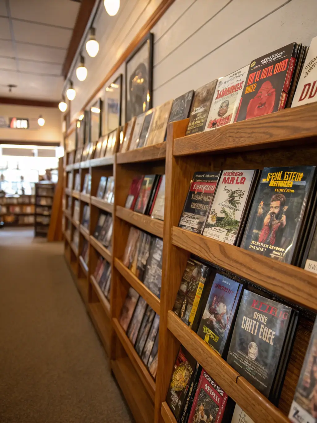 A display of various films and documentaries available for borrowing, highlighting the library's film collection.